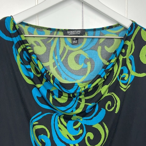 Signature London Womens Dress M Black Green Pullover Swirl Pattern Soft Classy - Picture 3 of 12